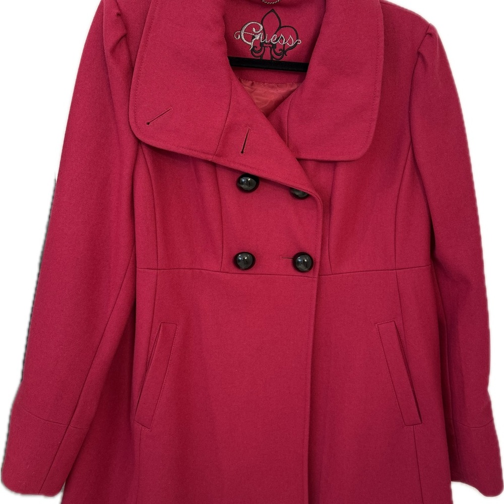 GUESS Magenta Wool-Blend Double-Breasted Coat with Bow Back Detail
